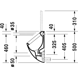 Technische Zeichnung Duravit Wandurinal Fizz mit Maßen für Installation mit Zulauf hinten.