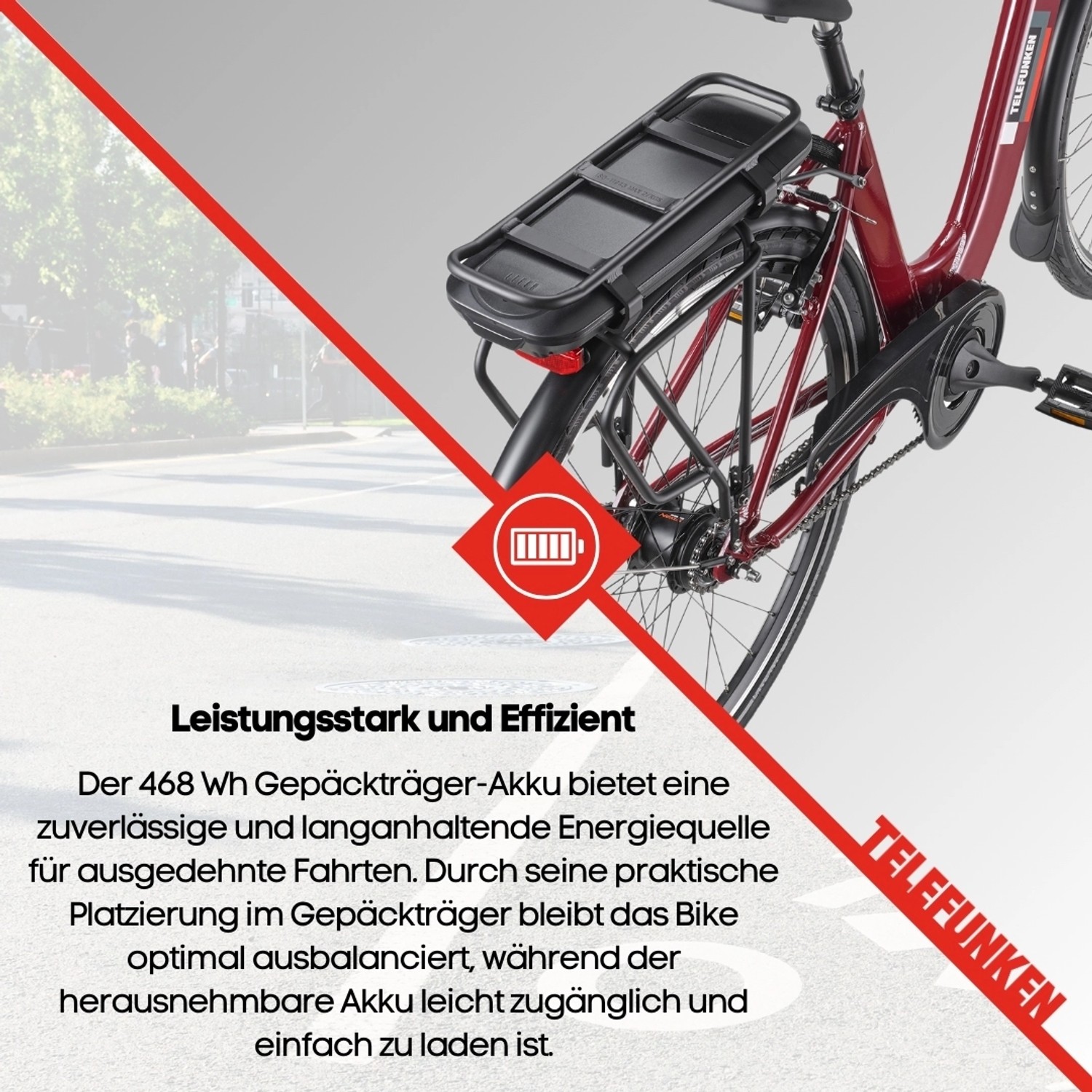 Telefunken City E-Bike, 28 Zoll, mit Gepäckträger-Akku. Ideal für Stadtfahrten.