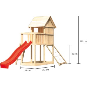 Karibu Stelzenhaus Frieda mit roter Rutsche und Netzrampe, naturbelassenes Holz.