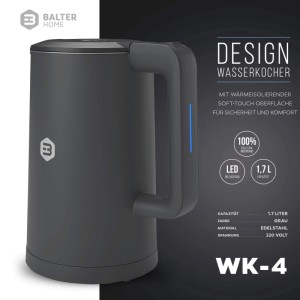 Grauer Balter WK-4 Edelstahl Wasserkocher, 1,7L, doppelwandig, Soft-Touch Oberfläche und LED-Beleuchtung. Modernes Haushaltsgerät.