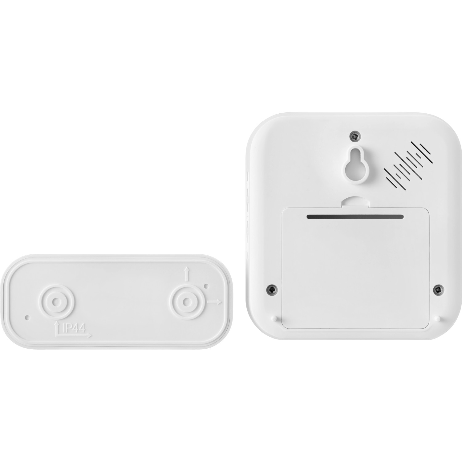 Funkgong mit Klingeltaster, 200 m Reichweite, weiße Ausführung, Rückansicht.