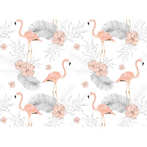 Fototapete mit Palmen, Flamingos und Blüten in Orange und Weiß.