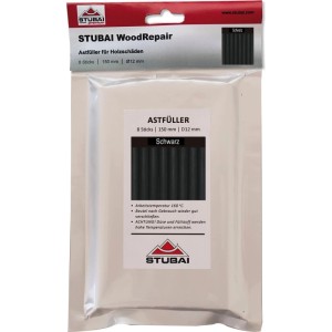 Stubai Wood-Repair Astfüller Sticks, schwarz, 8 Stück, 150 mm, Ø12 mm, in transparenter Verpackung.