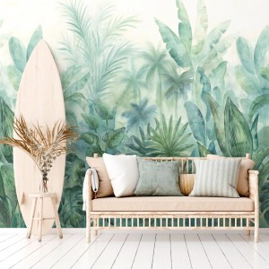 Fototapete Dschungel mit Palmen, Blättern in Grün- und Blautönen, matte Optik.