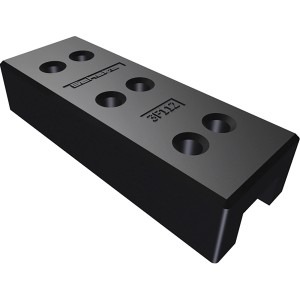 Schwarzer Bauzaunfuß aus robustem Kunststoff mit sechs Löchern für Bauzäune.