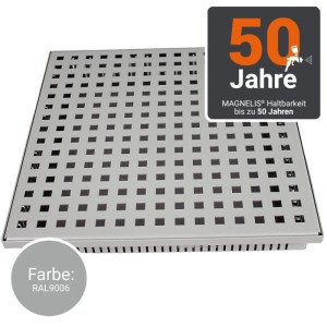 Quadratischer Terrassenrost aus Magnelis Stahl, RAL9006, 400x400mm, mit quadratischen Löchern. 50 Jahre Haltbarkeit.