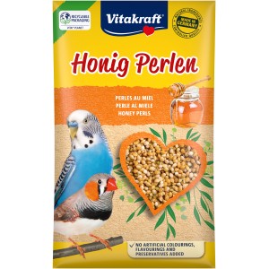 Vitakraft Honig Perlen für Vögel, 20g Packung mit Sittich und Zebrafink auf der Verpackung.
