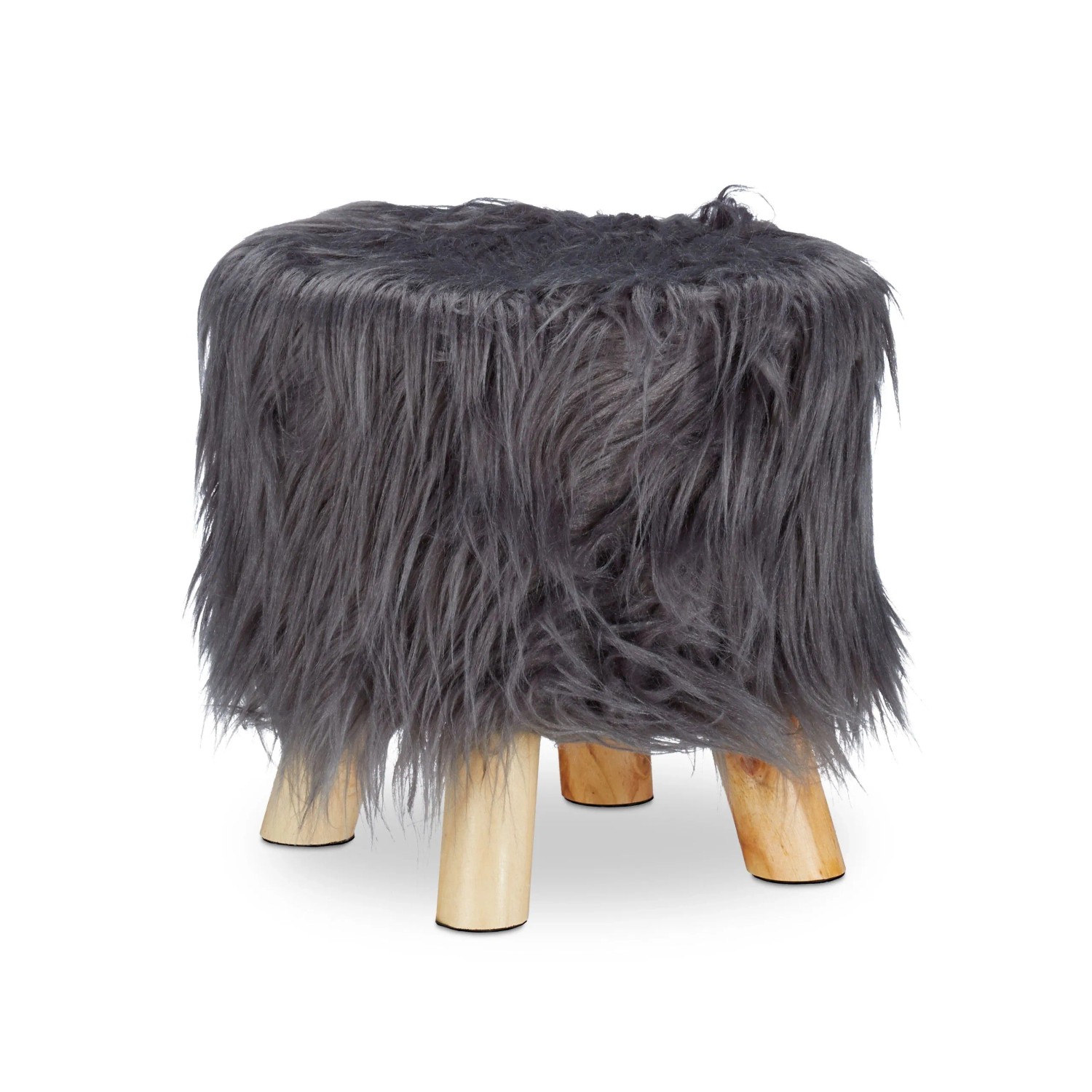 Relaxdays Dekohocker Kunstfell Kiefernholz Grau Gepolstert 31 cm x 31 cm 1,7 kg