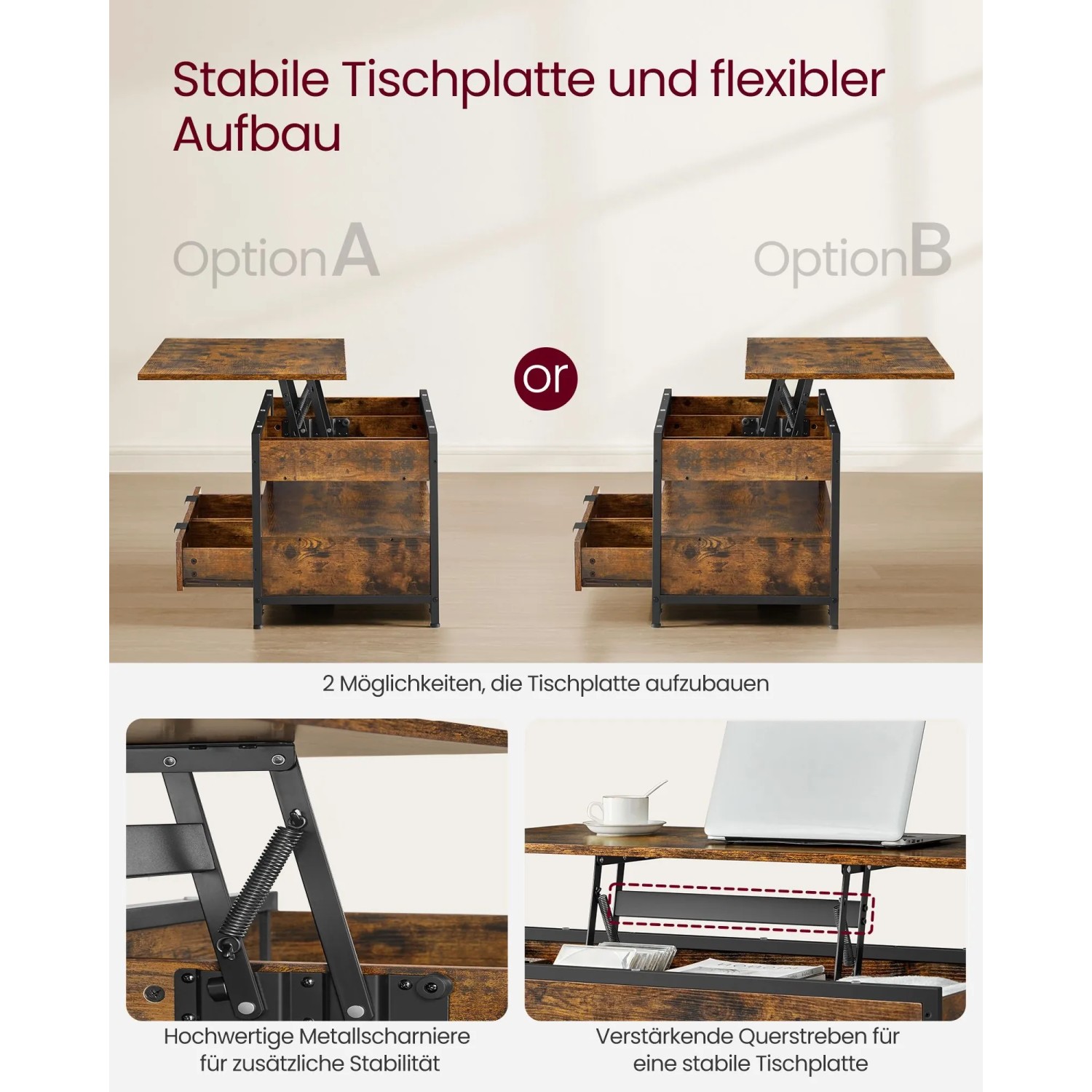 Vasagle Couchtisch, höhenverstellbar, braun-schwarz, mit Schubladen. Tischplatte in zwei Varianten aufbaubar.