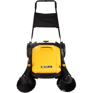 Texas Kehrmaschine MS 920: Gelbe Kehrmaschine mit Auffangbehälter und rotierenden Bürsten.