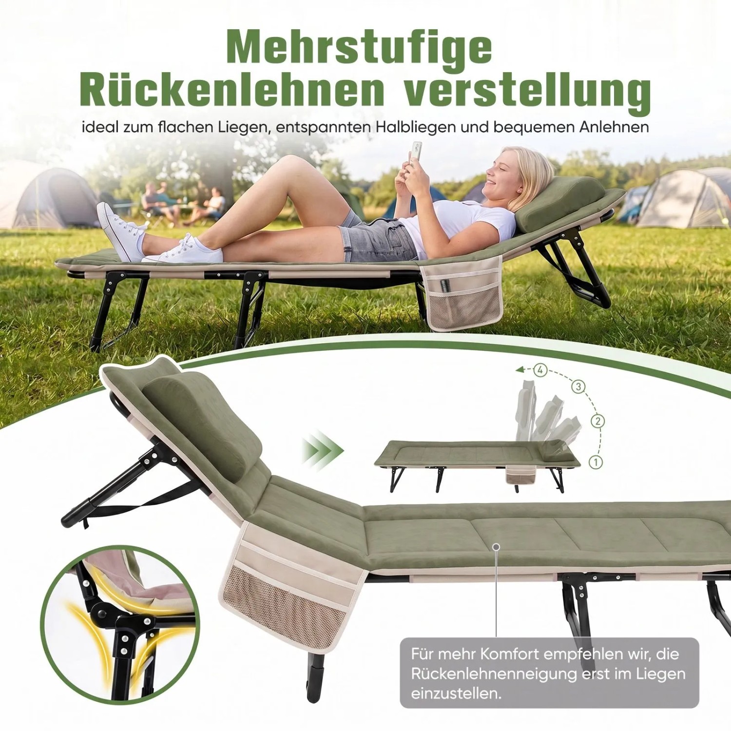 Grünes Sekey Klappbett mit Matratze und Kissen. Frau entspannt auf verstellbarer Rückenlehne im Freien. Ideal für Camping.