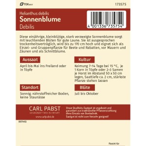 Pabst Keimkraft Sonnenblume Debilis Saatgutpackung mit Infos zu Aussaat, Standort und Blütezeit.