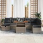 Graues 9-teiliges vidaXL Garten-Sofa-Set aus Poly Rattan mit höhenverstellbarem Tisch.