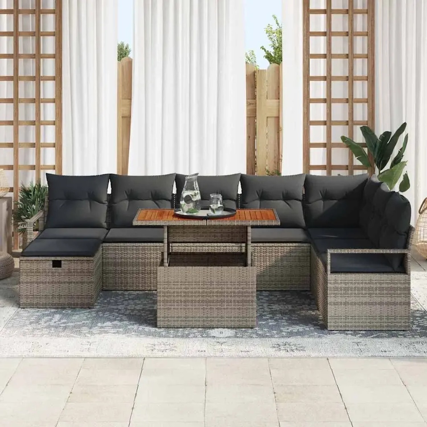 Graues 9-teiliges vidaXL Garten-Sofa-Set aus Poly Rattan mit höhenverstellbarem Tisch.