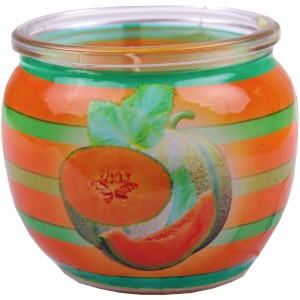 HS Candle Duftkerze Fresh Melon im Glas mit Melonen-Motiv und orange-grünen Streifen.