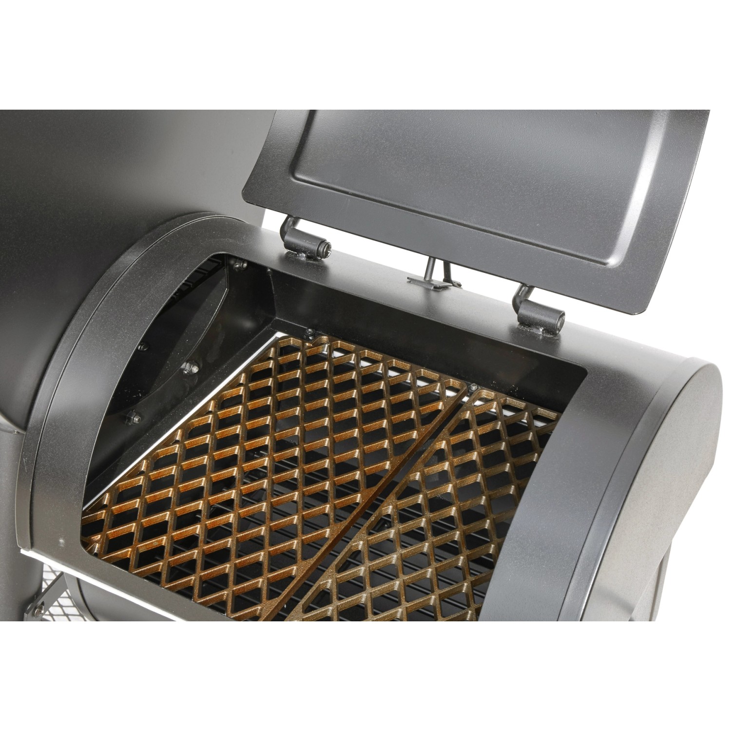 Detailansicht: El Fuego Buffalo Holzkohlegrill/Smoker mit Grillrost und geöffnetem Deckel.