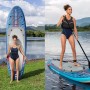 Bestway SUP Board-Set Oceana mit Sitz, 305 cm, mit Paddel, Pumpe und Rucksack. Frau beim Paddeln und am Ufer.