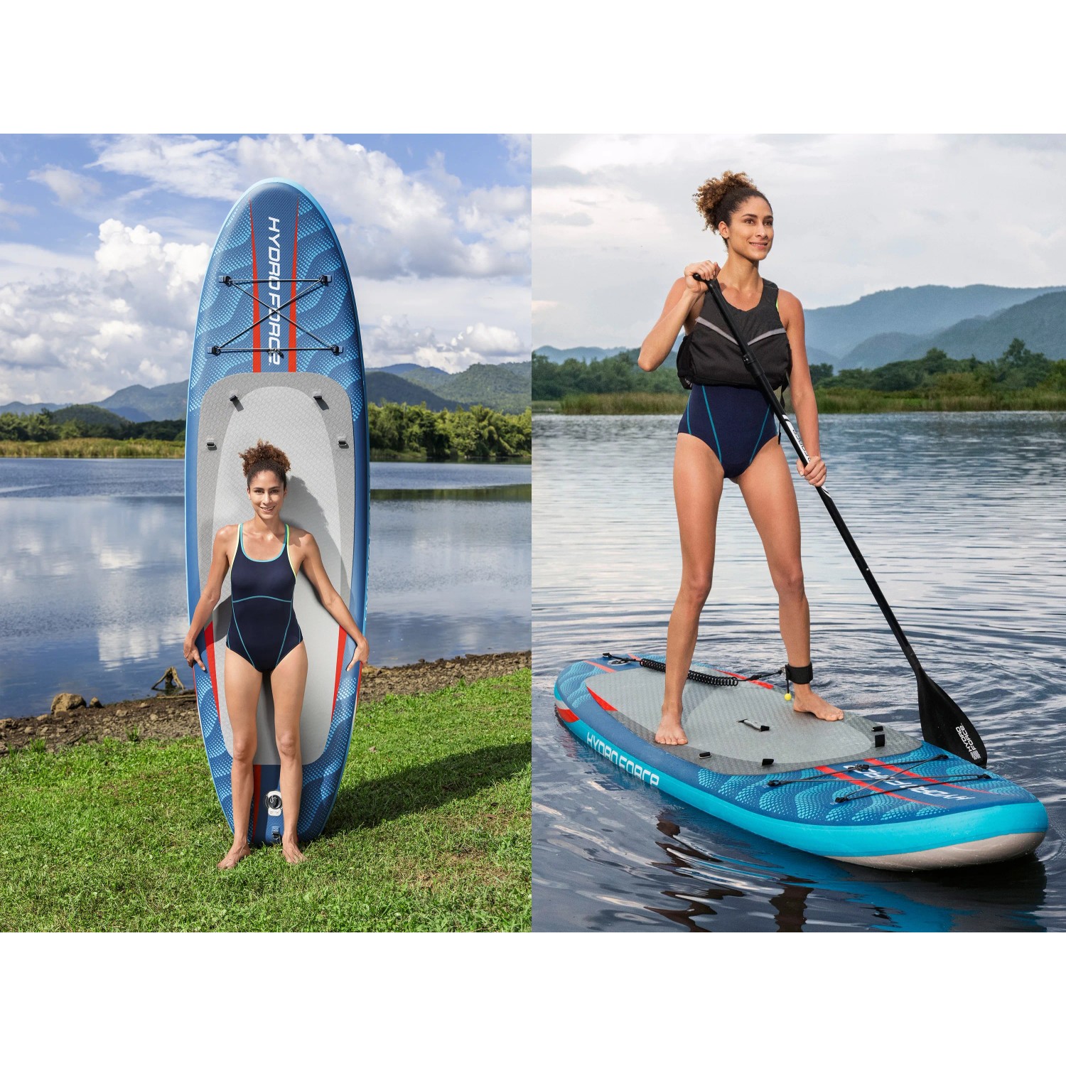 Bestway SUP Board-Set Oceana mit Sitz, 305 cm, mit Paddel, Pumpe und Rucksack. Frau beim Paddeln und am Ufer.
