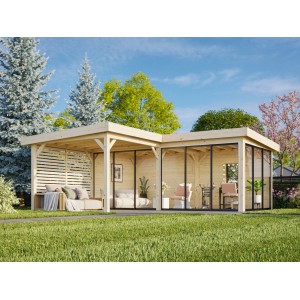 Palmako Pavillon Lenna Set 414, 588x588 cm, weiß lackiert, mit Schiebetüren und Sichtschutzzaun.