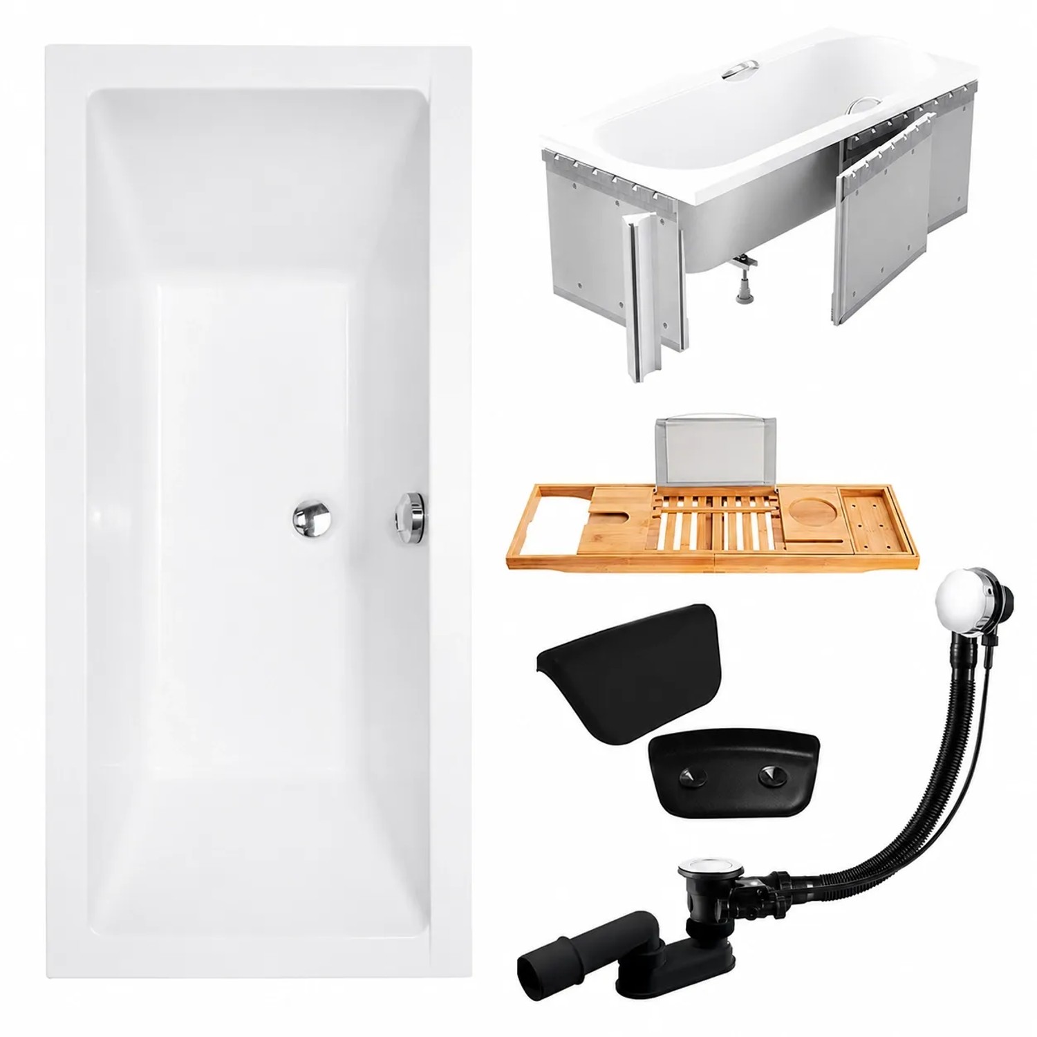 KOLMAN Badewanne Rechteck 190 x 90 Cm Mit Styroporverkleidung Mit Bambus Badewannenablage Mit Kopfstütze KODI Inkl. Ablauf Und Füße