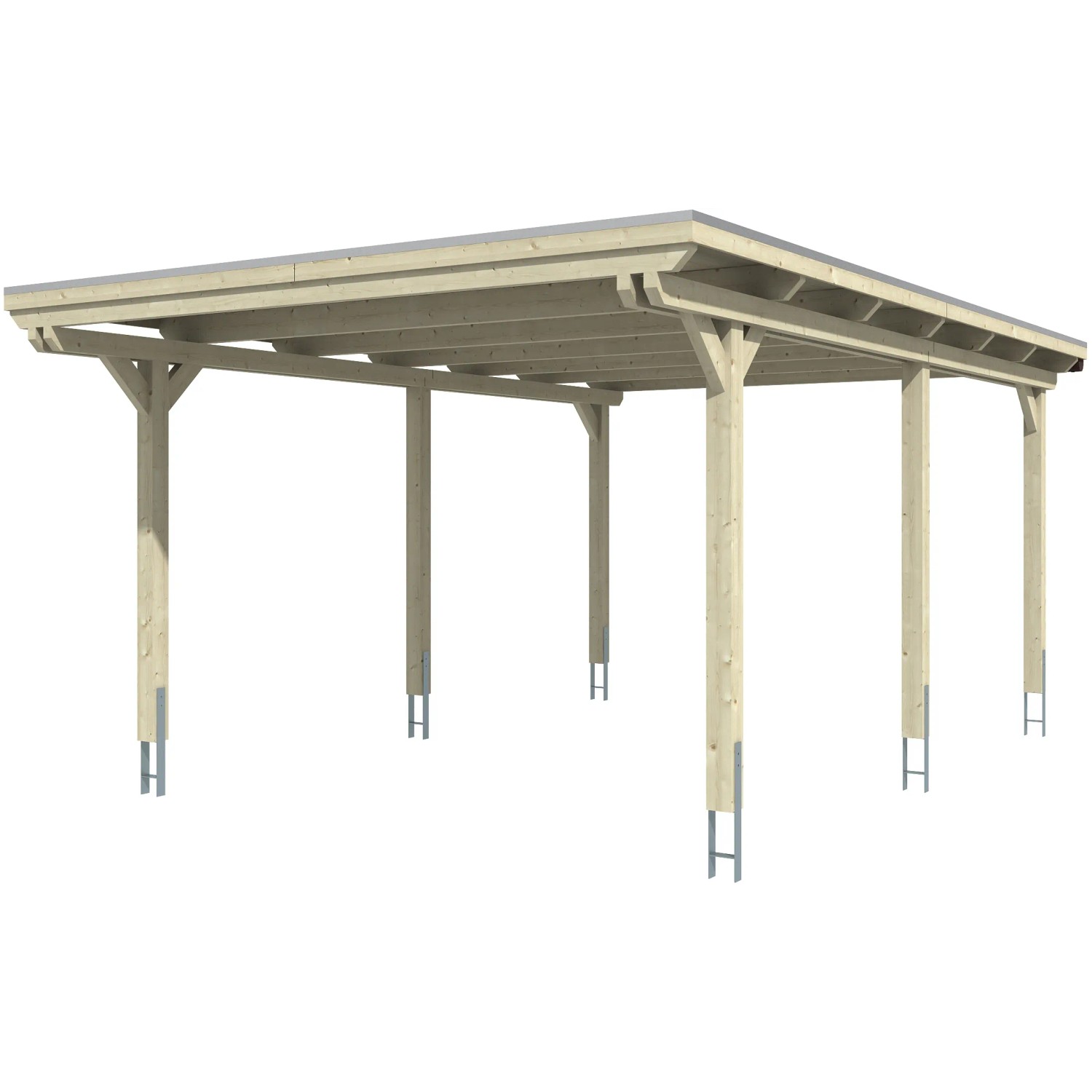 Skan Holz Einzelcarport aus Leimholz in Weiß, 404x604 cm, mit flachem Dach und sechs Pfosten.