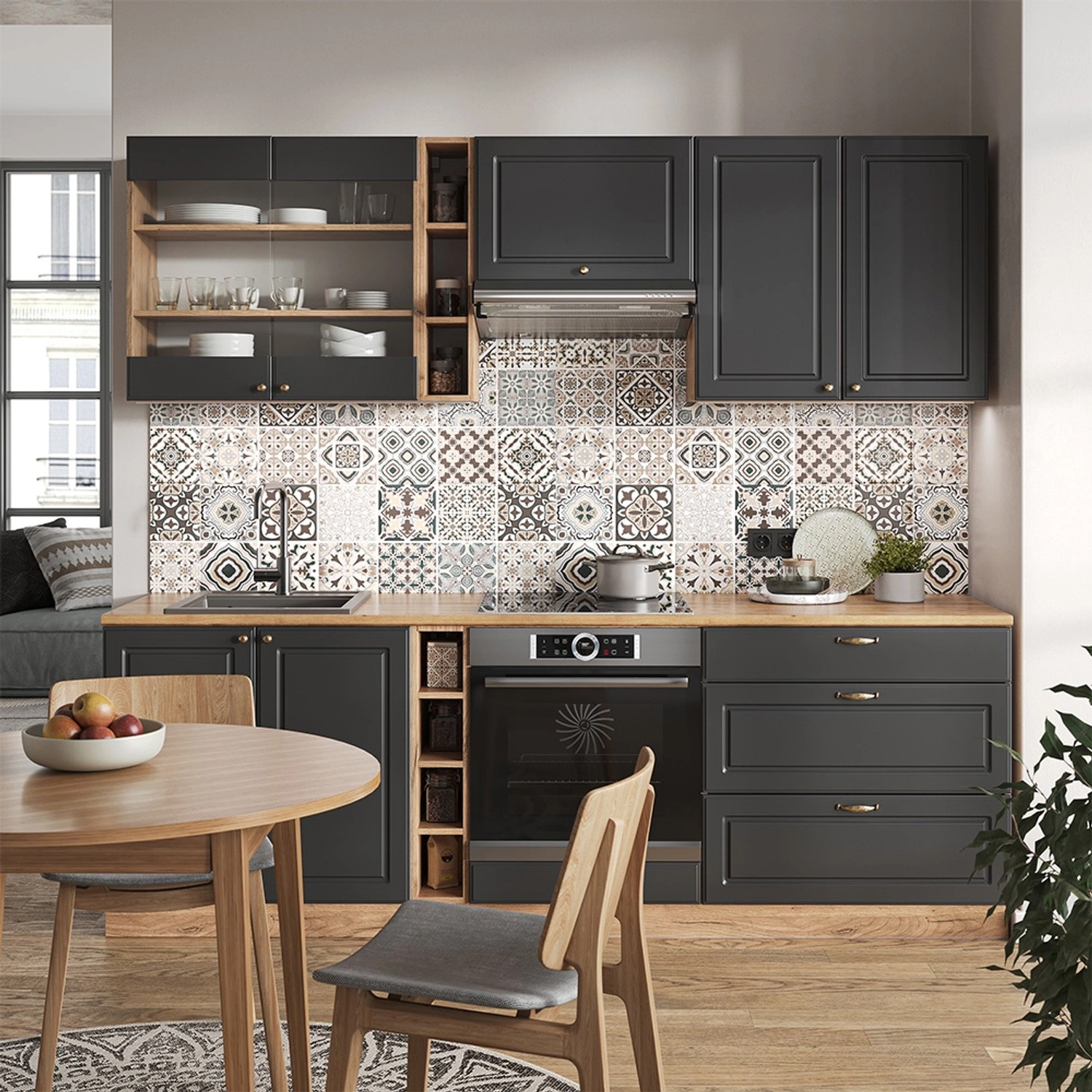 Vicco Küchenzeile Fame-Line in Anthrazit/Eiche, 235 cm breit, ohne Arbeitsplatte.