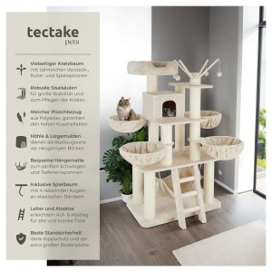 Beige-weißer Tectake Kratzbaum Gismo mit Sisal, 195 cm hoch, mit Liegemulden, Hängematte und Leiter.