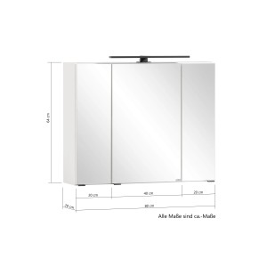 Held Möbel 3D-Spiegelschrank Padua, 80 cm, Weiß mit LED-Leuchte. Badmöbel zur Wandmontage.