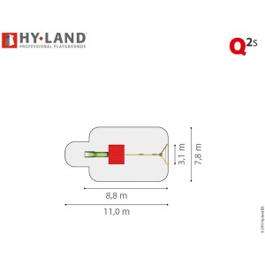 Draufsicht Hy-Land Spielgerät Q2S mit Rutsche und Doppelschaukel, Maße: 11,0 x 7,8 m.