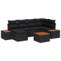 Schwarzes 7-teiliges Garten-Sofa-Set aus Poly Rattan mit Kissen und Tisch.