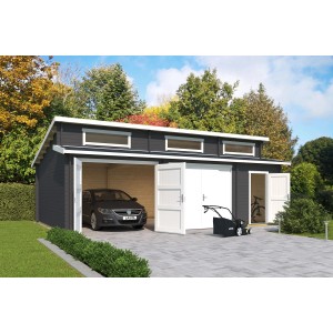 Lasita Garage Hawaii Set, carbongrau, mit Holztoren, Auto, Rasenmäher und Fahrrad sichtbar.