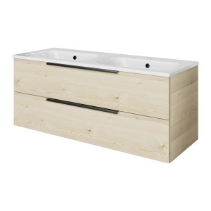 Pelipal Badmöbel-Set Quantum mit Doppelwaschtisch in Polar Pinie Quer und zwei Auszügen.