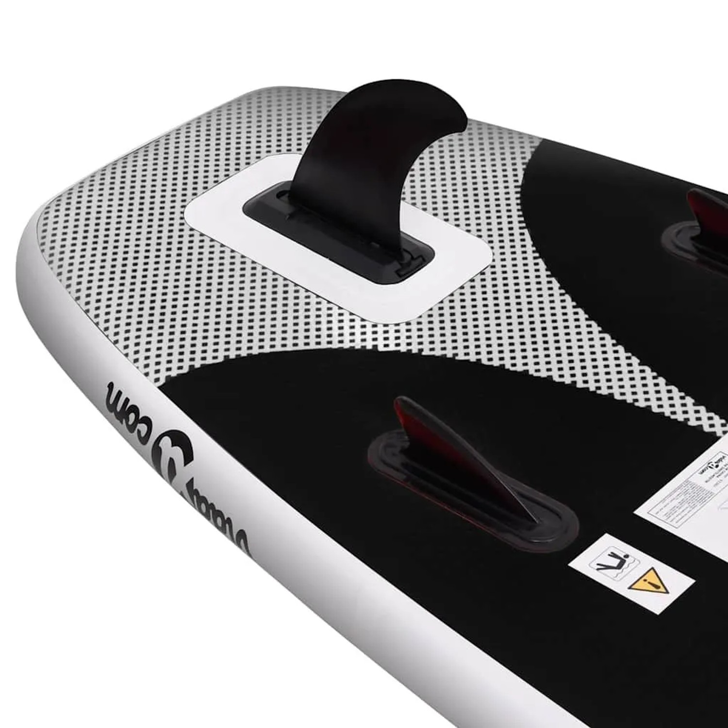 Detailaufnahme: Schwarzes, aufblasbares SUP-Board von vidaXL mit Finne. Wassersport-Zubehör.