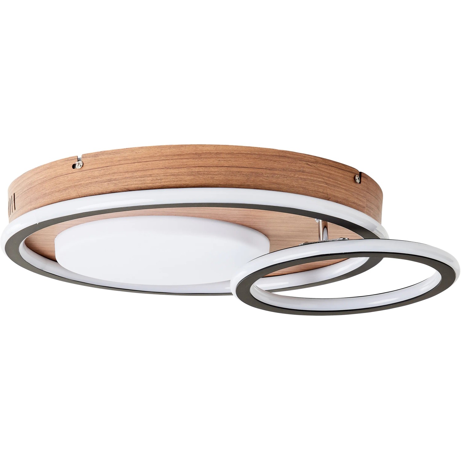 Moderne LED-Deckenleuchte Karney in Schwarz und Holz, 57x40 cm, für den Innenbereich.