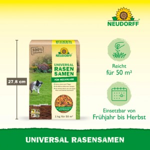 Neudorff Universal-Rasensamen 1kg Packung für dichten, strapazierfähigen Rasen. Ideal für Neuanlage und Nachsaat.
