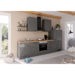 Moderne Impuls Küchenzeile 330 cm in Grafit Hochglanz mit Holz-Arbeitsplatte, Backofen, Kochfeld, Dunstabzugshaube und Spüle.