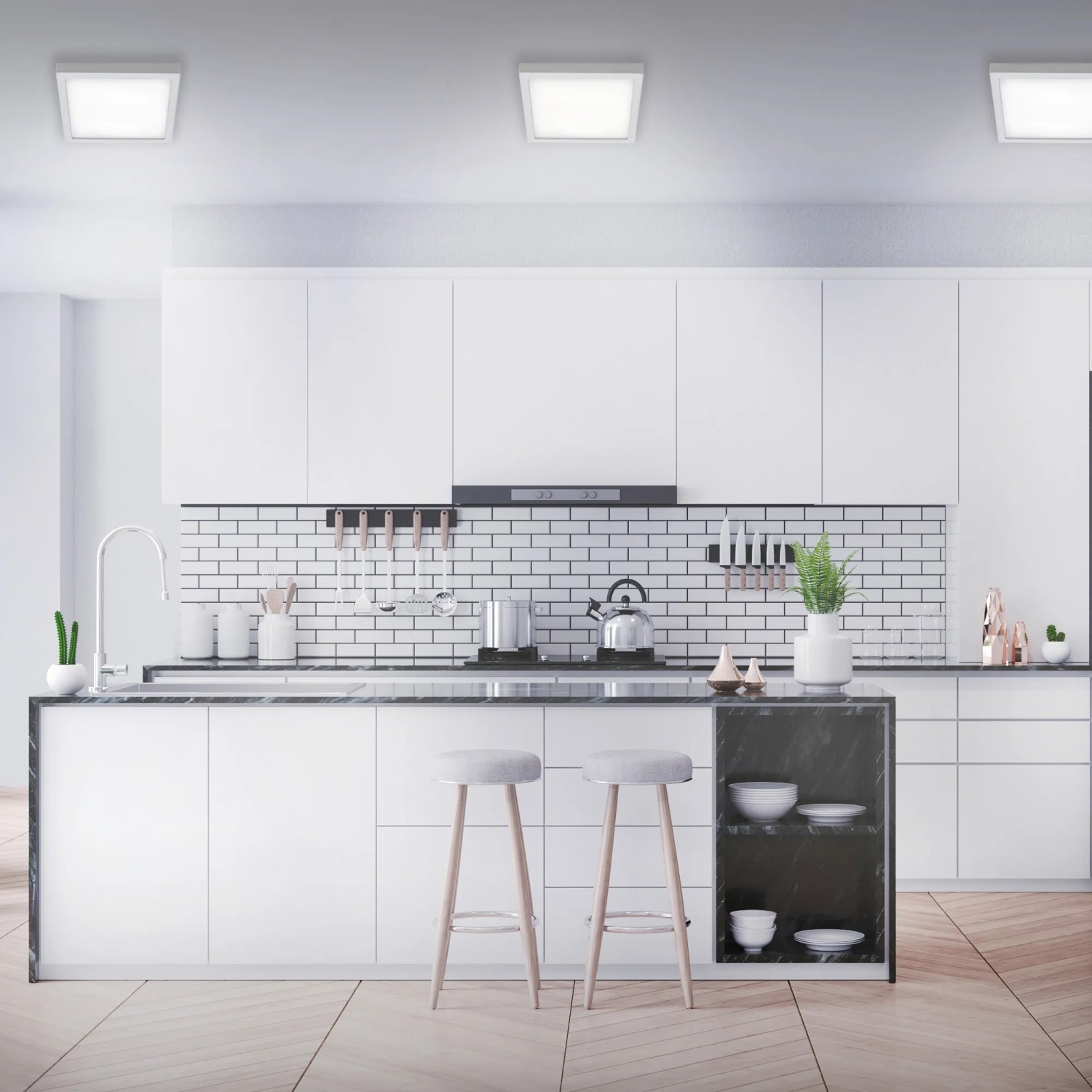 Briloner LED Deckenleuchte, Chrom matt, 30x30cm, in moderner Küche.