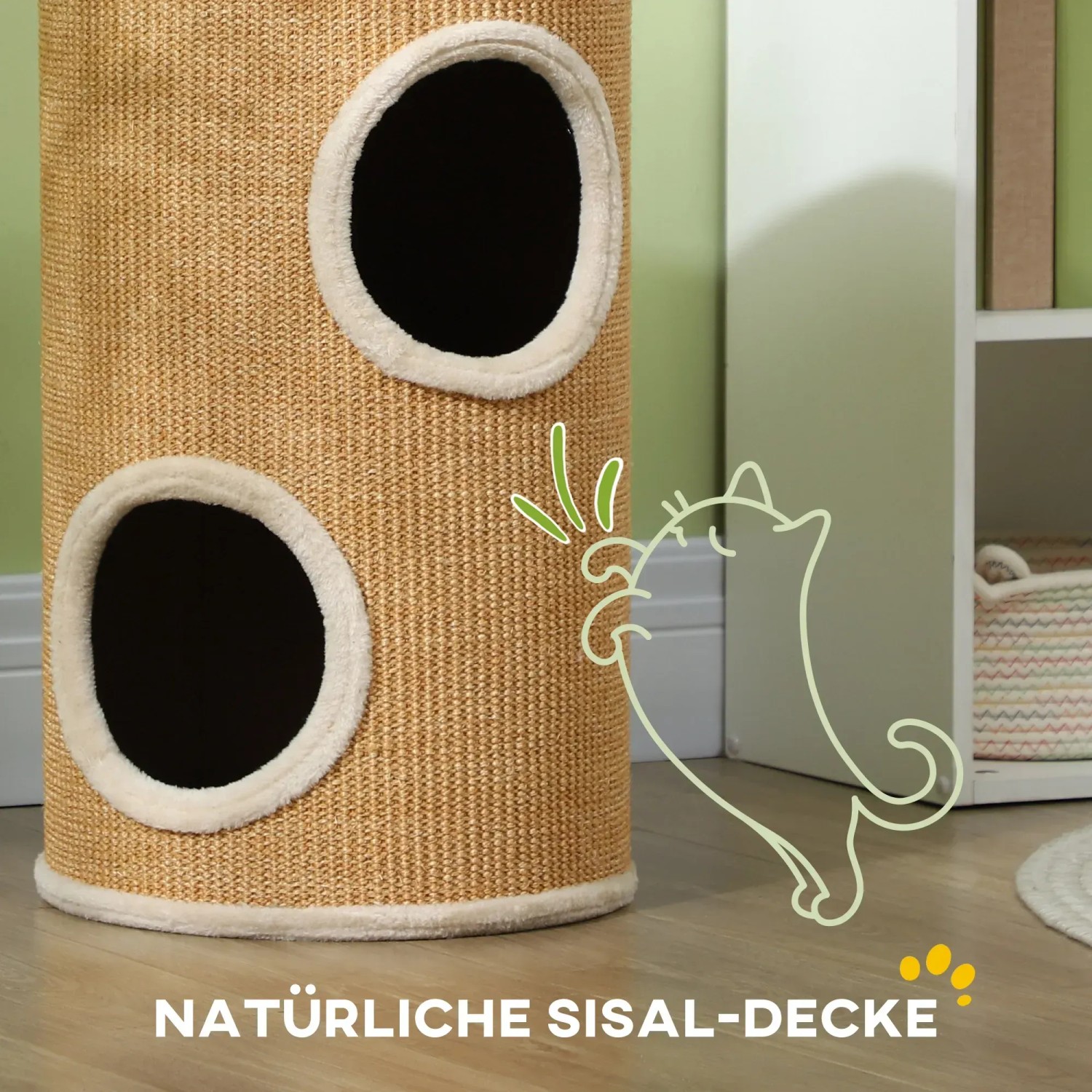 Braune PawHut Kratztonne mit zwei Öffnungen und Sisal-Ummantelung. Kratzbaum für Katzen.
