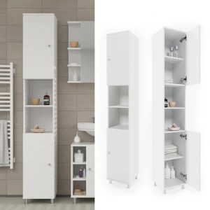 Weißer Vicco Badschrank Fynn, 30x190 cm, mit offenen Fächern und Türen. Badregal für mehr Stauraum.