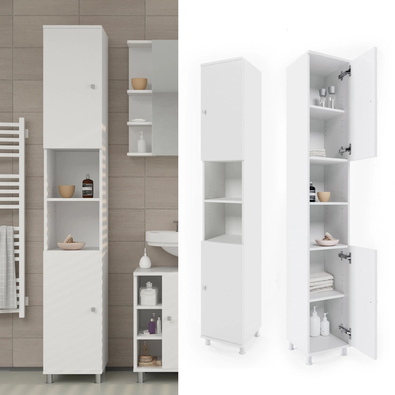 Weißer Vicco Badschrank Fynn, 30x190 cm, mit offenen Fächern und Türen. Badregal für mehr Stauraum.