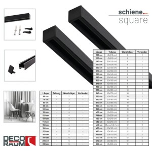 Schwarze 1-Lauf Square Gardinenschiene nach Maß, Zubehör, Anwendungsbeispiel. Robuste Vorhangschiene für Deckenmontage.