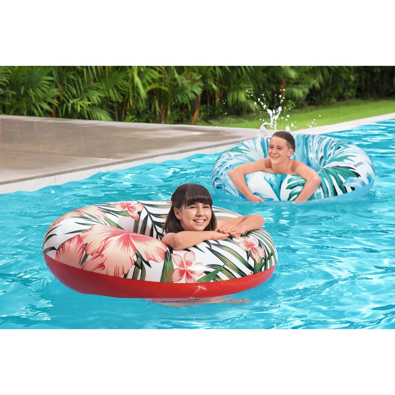 Bestway Schwimmring Tropical Palms mit tropischem Muster im Pool, Luftmatratze für Badespaß.