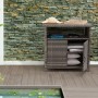 Grauer Outdoor-Schrank Vermont aus Polyrattan mit Regalböden für Gartenutensilien.