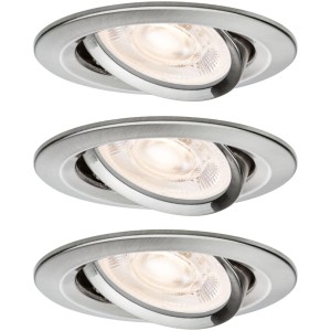 Drei Paulmann LED Einbaustrahler Nova Set, dimmbar, schwenkbar, aus gebürstetem Eisen mit warmweißem Licht.
