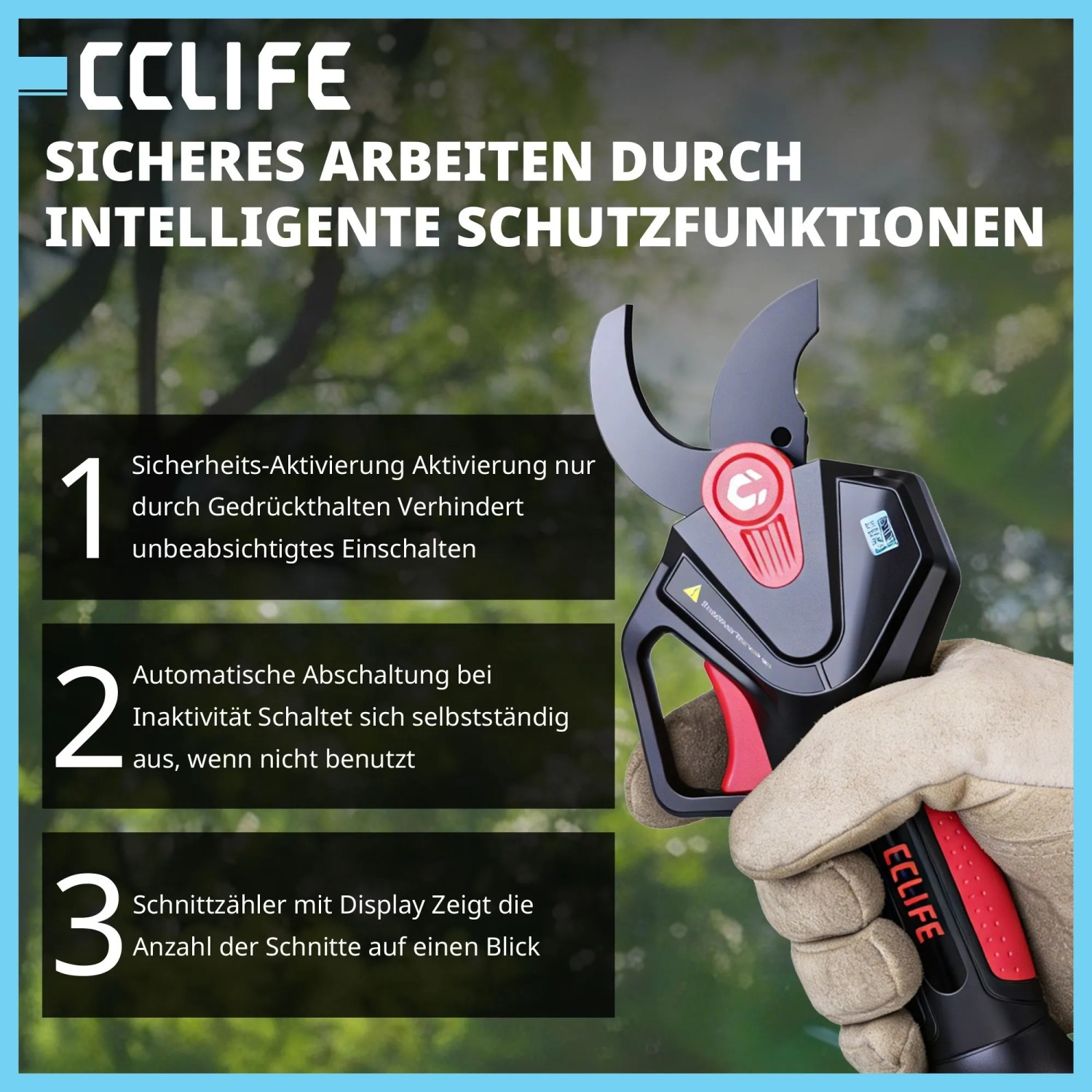 CCLIFE Akku Astschere, schwarz-rot, mit LCD-Anzeige und SK5 Klingen, in Hand gehalten. Für Äste bis 40mm.