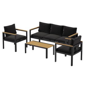 Schwarzes 5-teiliges RICHLY Gartenmöbel Set mit Aluminiumrahmen, Polywood Tischplatte und bequemen Kissen.