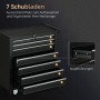 Schwarzer DURHAND Werkzeugschrank mit 7 kugelgelagerten Schubladen für optimale Werkzeugorganisation in der Werkstatt.