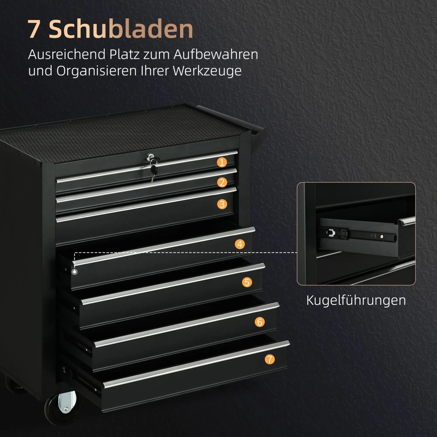Schwarzer DURHAND Werkzeugschrank mit 7 kugelgelagerten Schubladen für optimale Werkzeugorganisation in der Werkstatt.