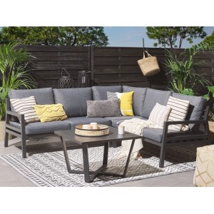 Dunkelgraues L-förmiges Beliani Lounge Set VIZZINI mit Aluminiumgestell, Tisch und Kissen für Garten und Terrasse.