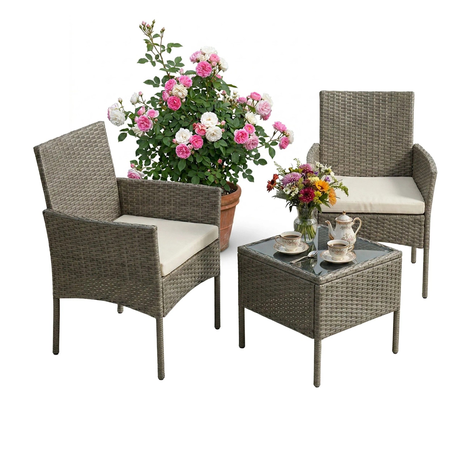 Relaxdays Gartenlounge Set Polyrattan Grau Dreiteilig Mit Glastisch 82 cm x 57 cm x 58 cm 40 cm x 40 cm x 40 cm